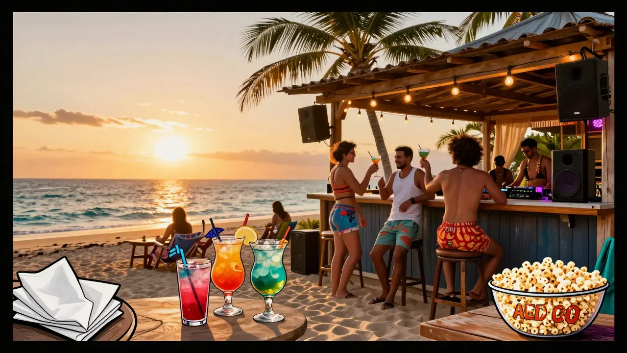 Beachside bar with sand underfoot, people enjoying cocktails at sunset, free popcorn, and vibrant string lights overhead.