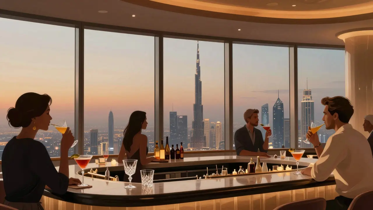 Elegant bar with panoramic city views and guests at Burj Khalifa.