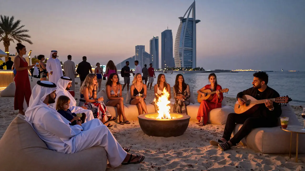 Multicultural crowd at Koko Beach Dubai enjoying live oud music, floating loungers, and a glowing fire pit at dusk.