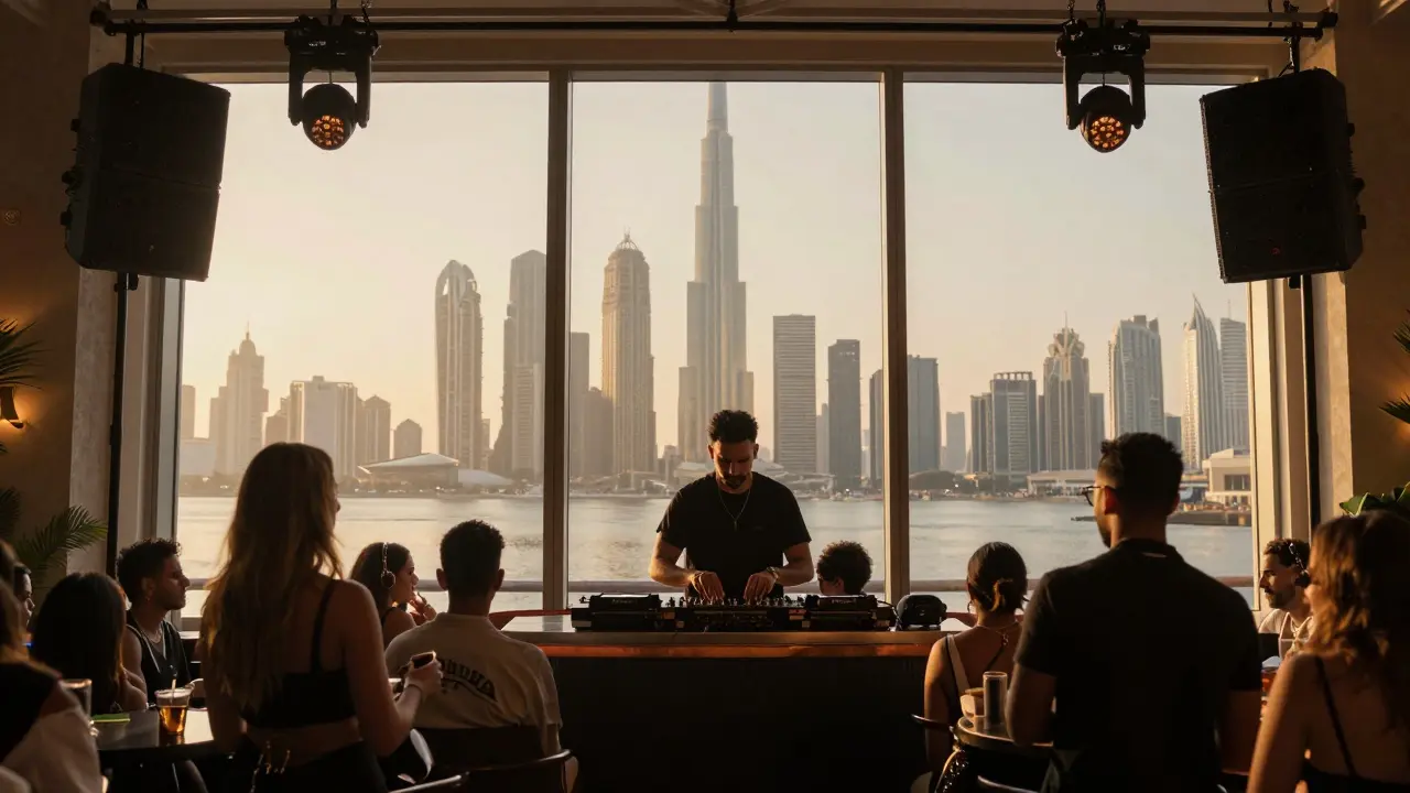 Patrons at White Dubai nightclub with skyline view