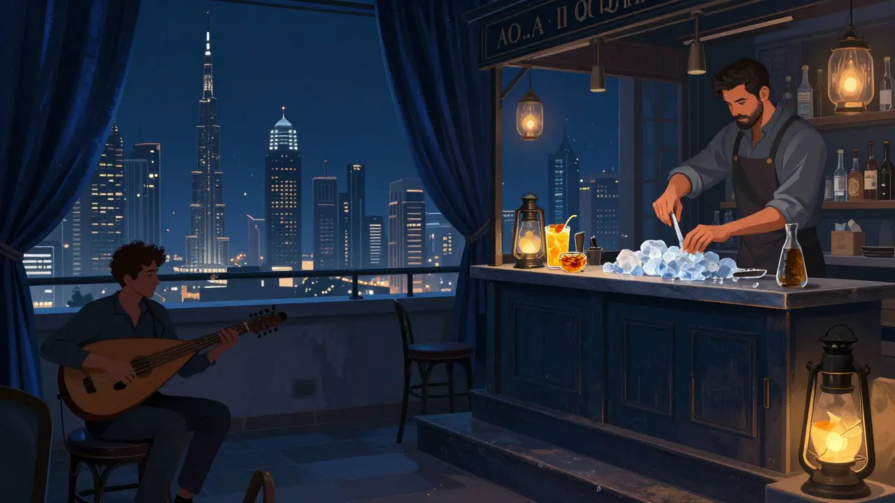 Rooftop lounge above a mechanic shop with city skyline view, bartender hand-chiseling ice, and live oud music at night.