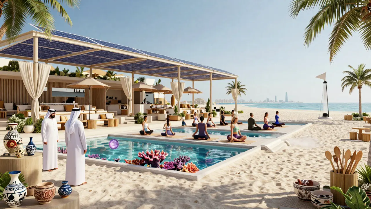 Sustainable beach club with solar canopies, floating yoga platform, and artificial reefs, blending eco-design with Emirati culture.