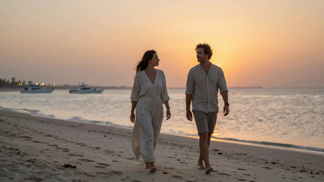Two figures walking peacefully along Jumeirah Beach at sunset, silhouetted against the fading light.