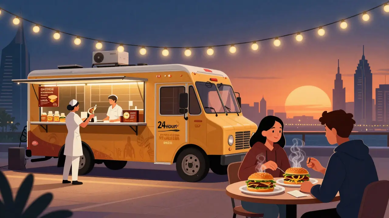 Two food trucks at City Walk serving late-night meals under string lights, with diverse patrons enjoying food at dawn.