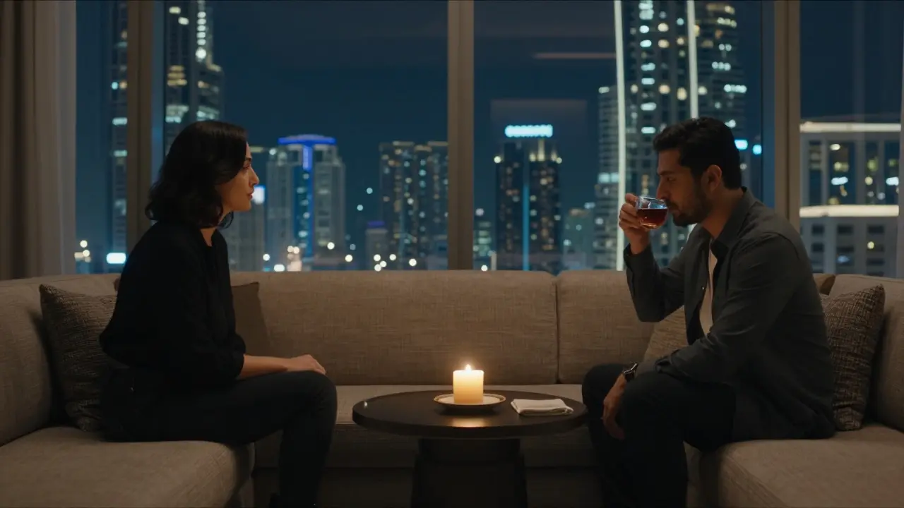 Two people in a penthouse, separated by silence, gazing at city lights without touching.