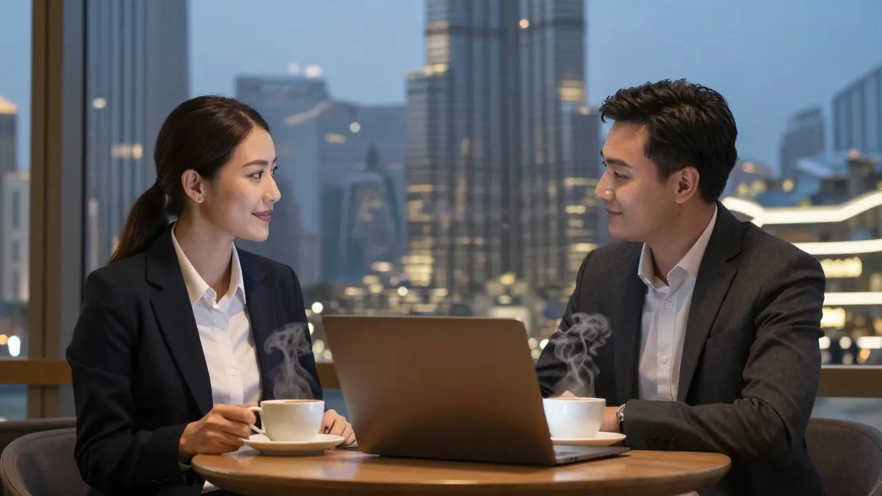 Two professionals having a calm coffee meeting in a Dubai shop, Burj Khalifa visible through the window.