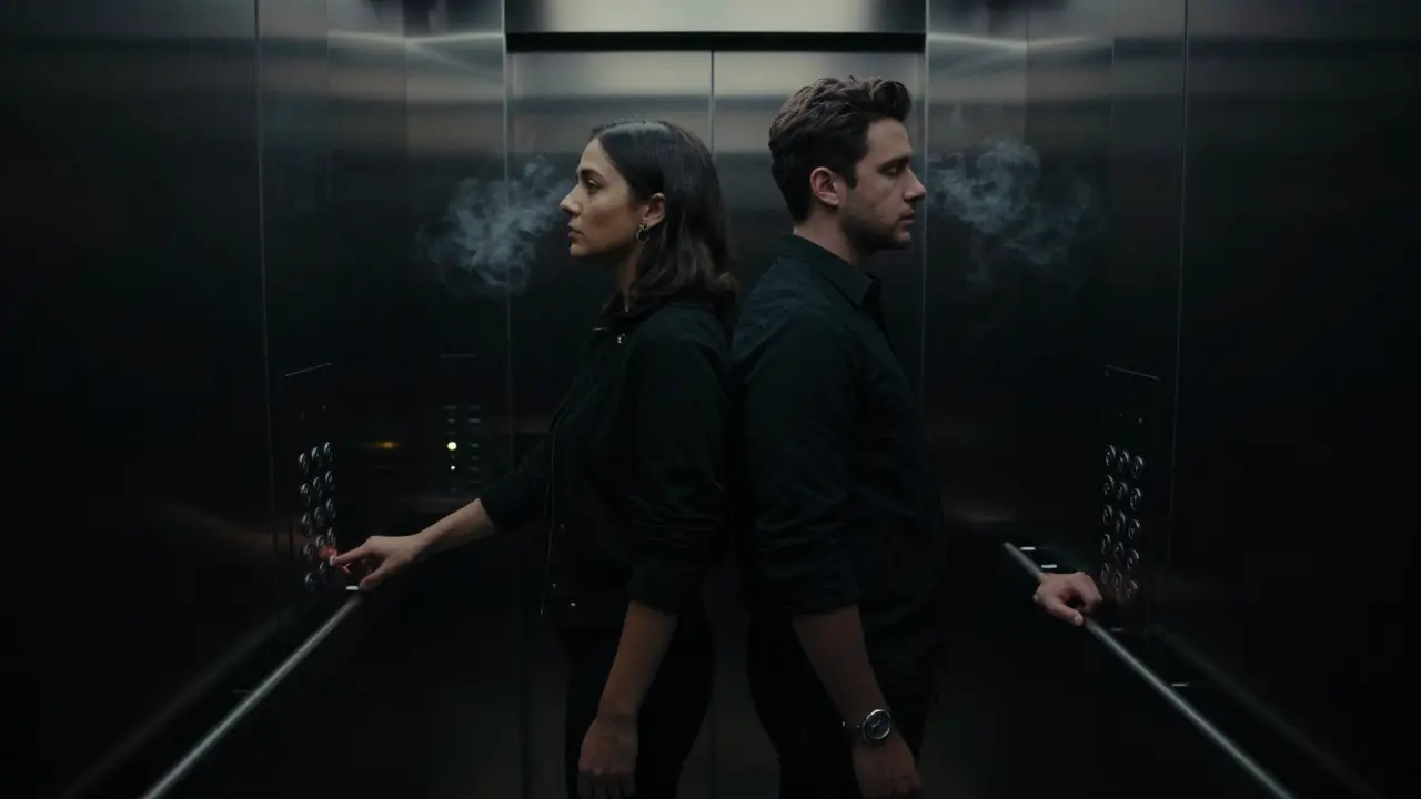 Two strangers in a midnight elevator, standing close, eyes locked in silent understanding.