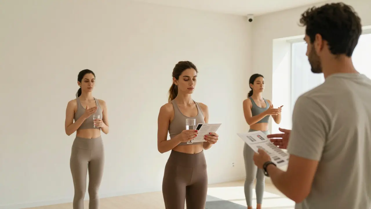 Women in neutral attire practice etiquette and posture in a private training room, emphasizing professionalism and preparation.