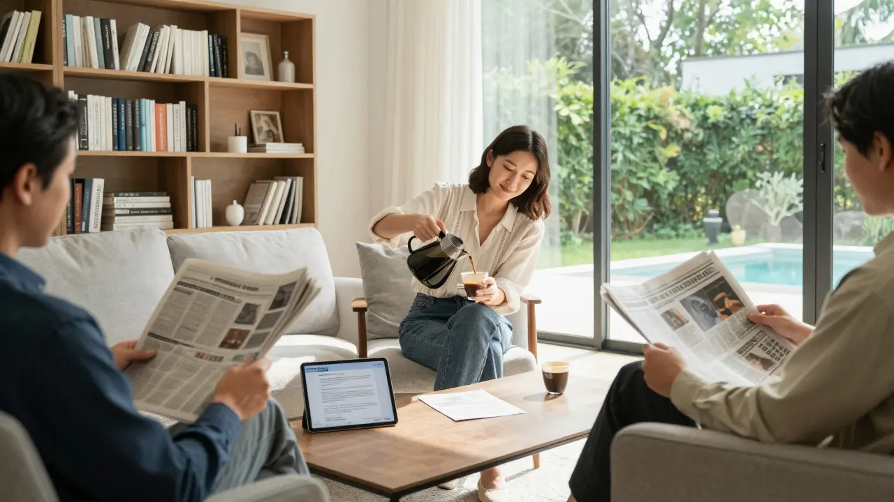 A client and companion share quiet conversation in a sunlit villa, a signed contract and medical certificate on display.