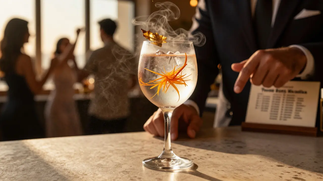 A cocktail named 'The Burj Khalifa' in a minaret-shaped glass with gold leaf and saffron, served in a luxurious club setting.