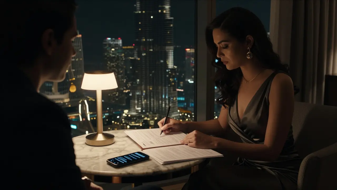 A discreet meeting in a hotel suite with a burner phone and handwritten agenda, bathed in shadow and soft lamplight.