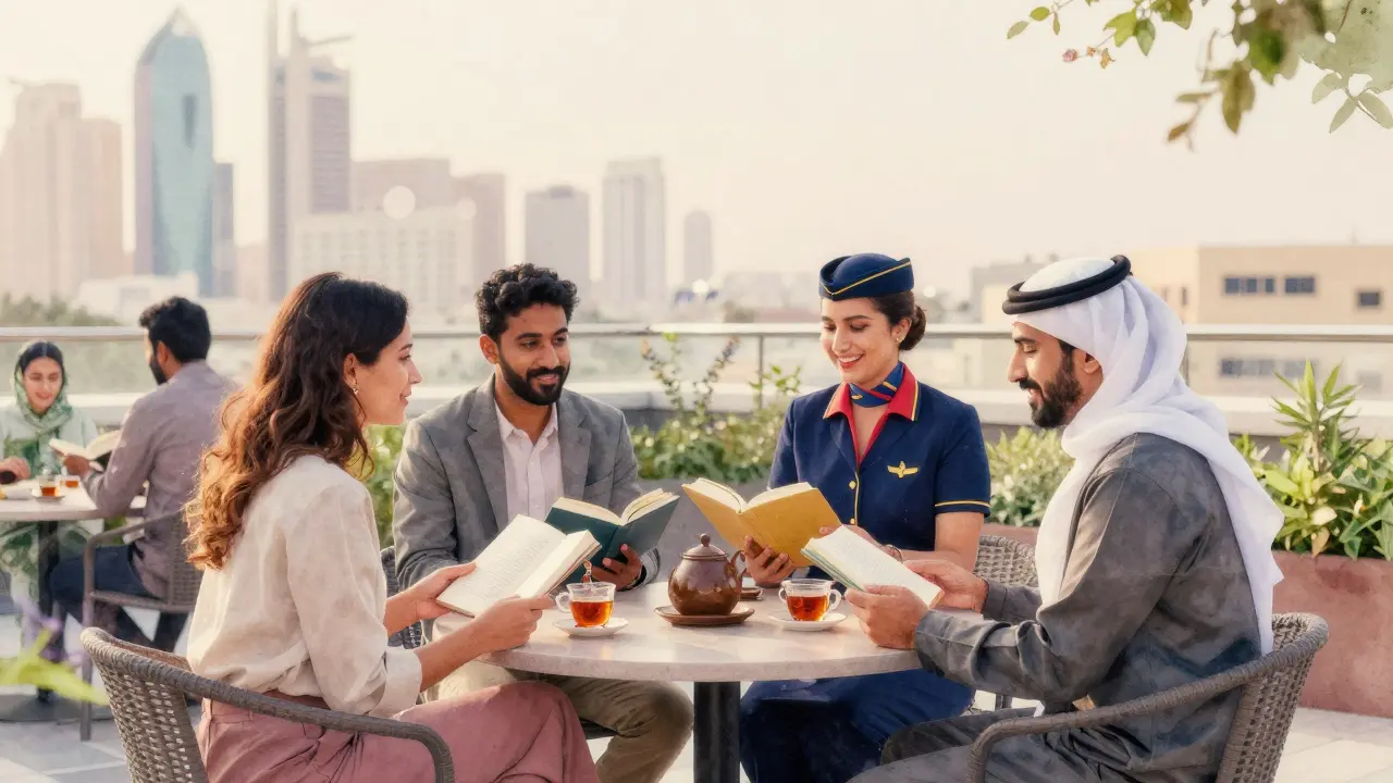 A diverse group of people sharing tea and books on a quiet rooftop garden at dawn, embodying authentic connection.