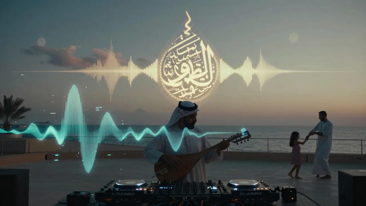 A DJ booth where traditional oud music merges with digital light projections, and a father and daughter dance under dawn light.