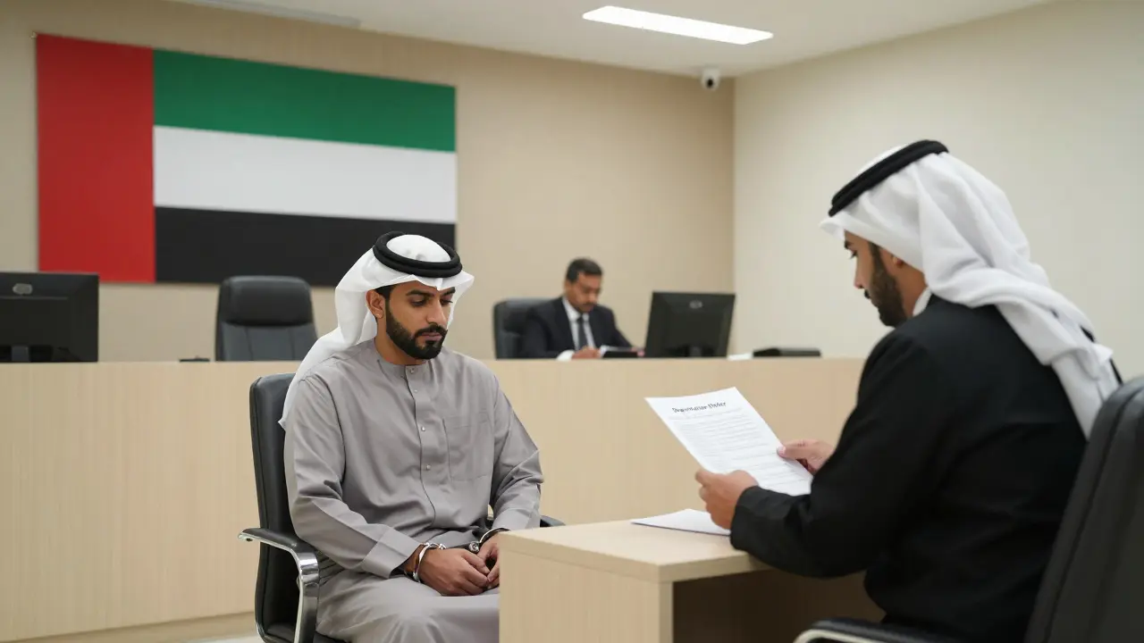 A foreign national in a UAE courtroom, handcuffed, facing a deportation order under harsh fluorescent lights.
