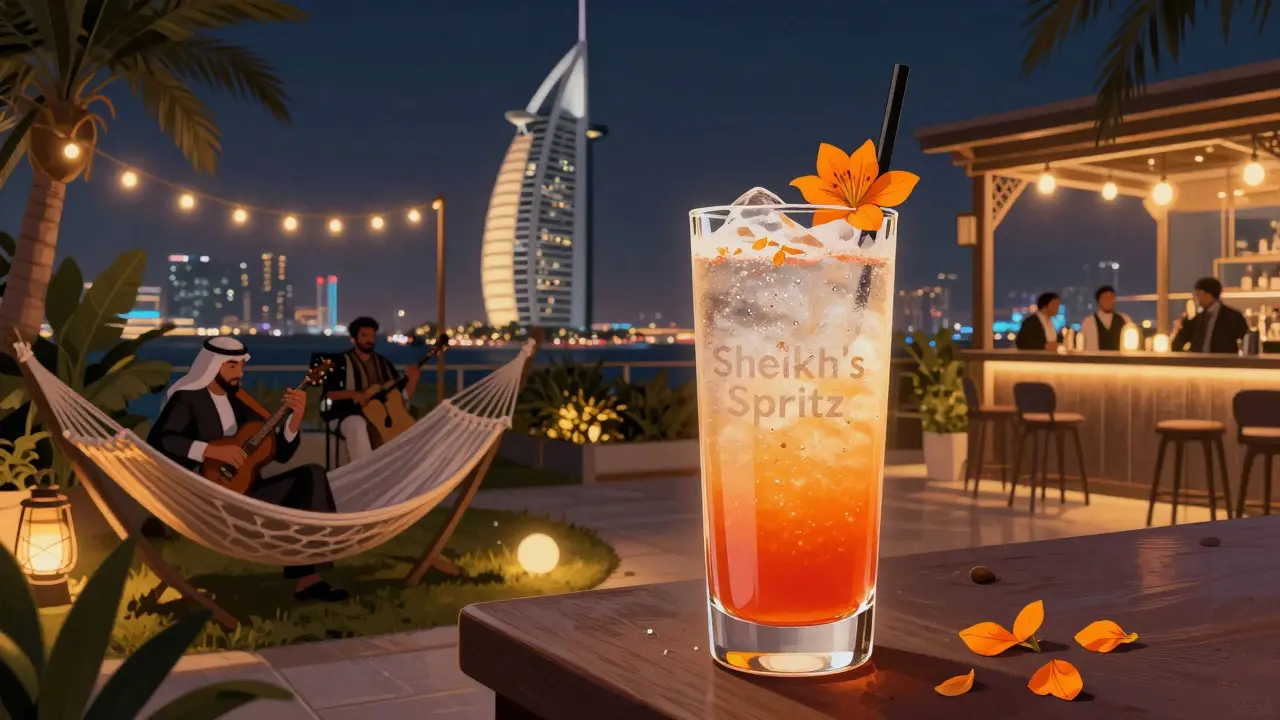 A glowing cardamom and orange blossom cocktail on a rooftop garden terrace with Arabic jazz musicians and Dubai’s skyline at night.