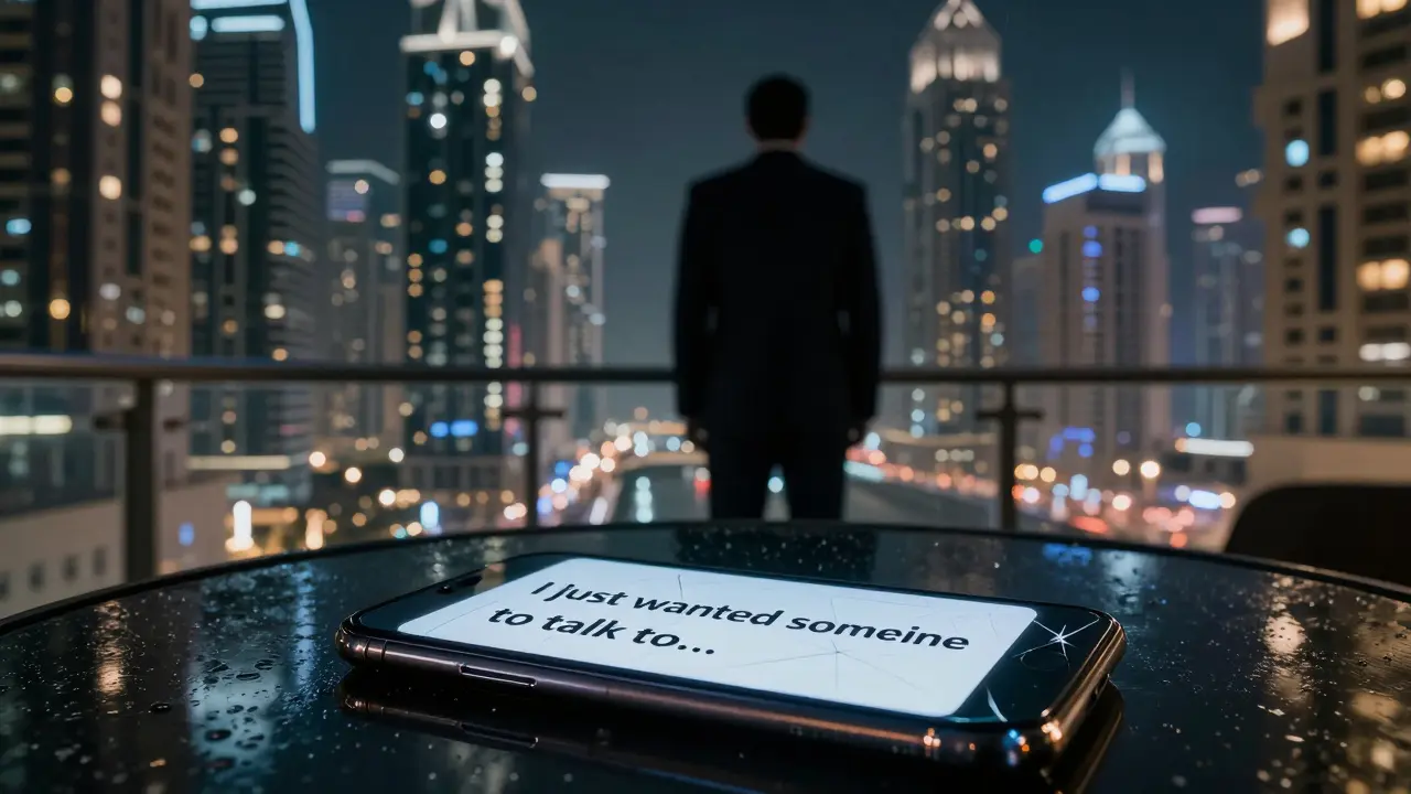 A lone person on a Dubai balcony at night, staring at a cracked phone with a message about loneliness.