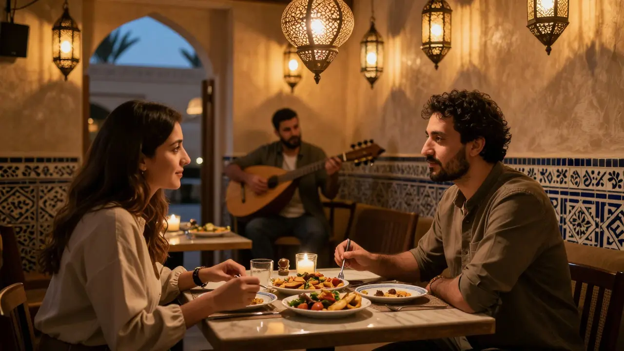 A man and woman sharing a meal in an intimate Lebanese restaurant with lantern lighting.