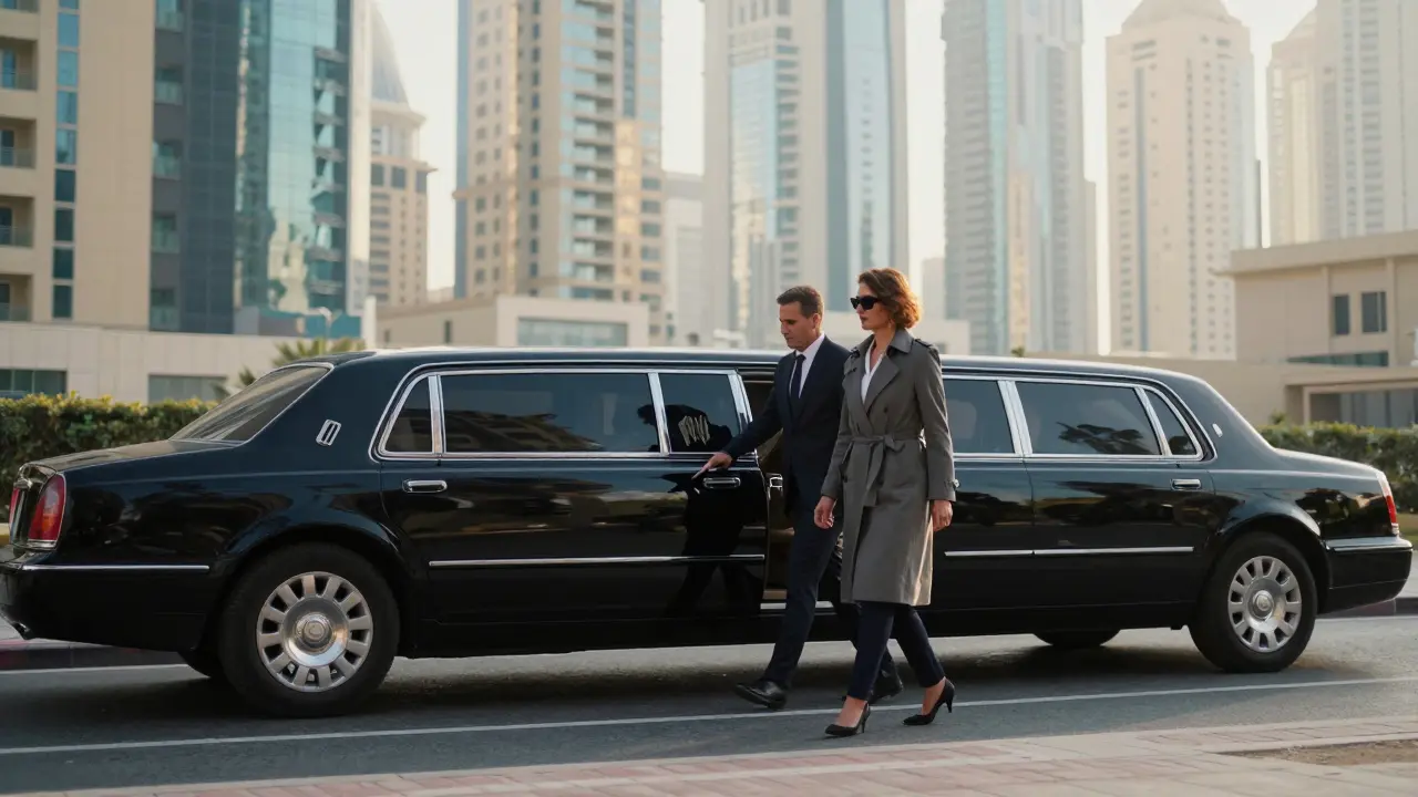 A man and woman walk silently toward a black limousine outside a Dubai high-rise, discreet and composed.