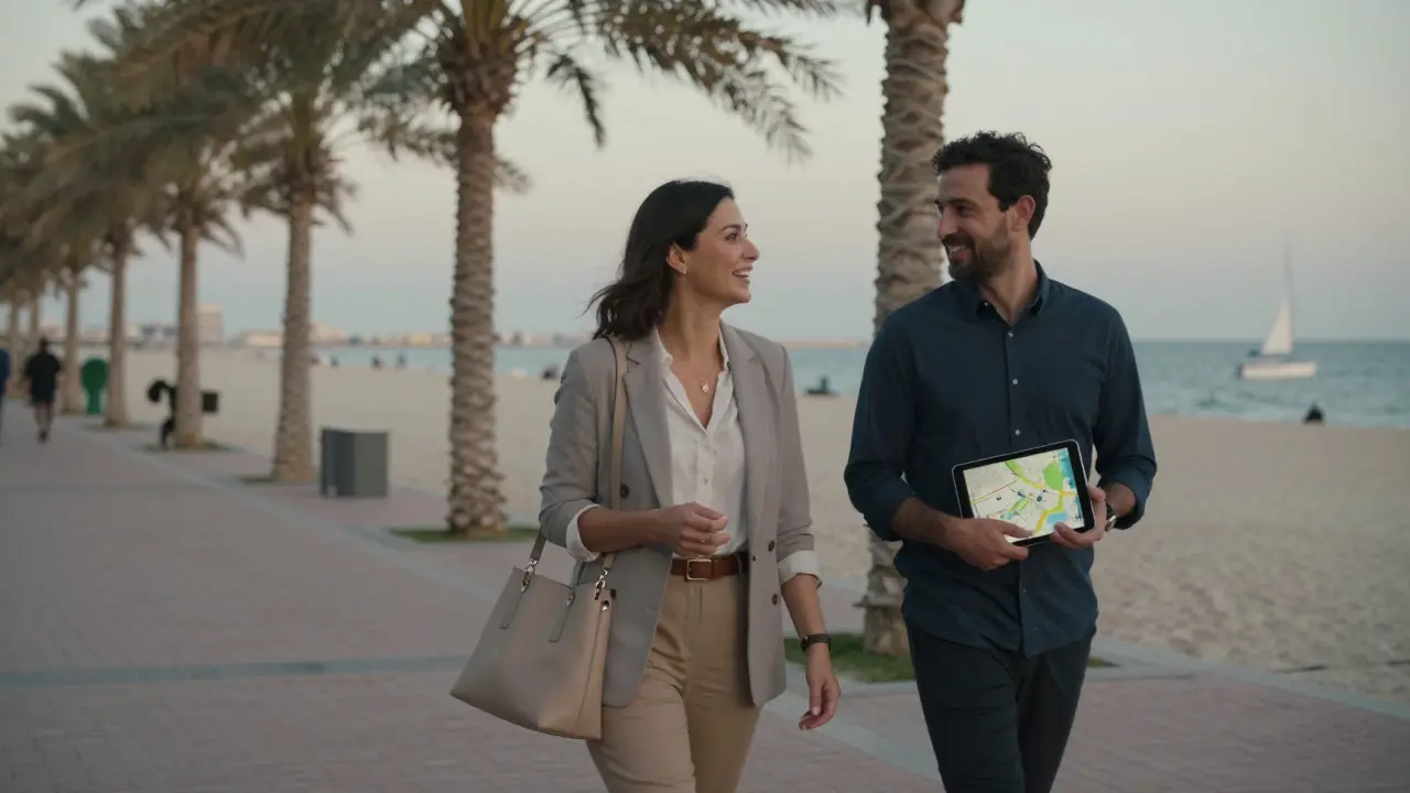A professional companion and client walking peacefully along Jumeirah Beach at dusk, enjoying a shared outing.