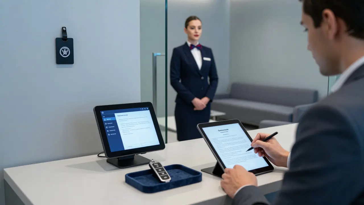 A professional escort agency office with encrypted booking system and private waiting area in Dubai.