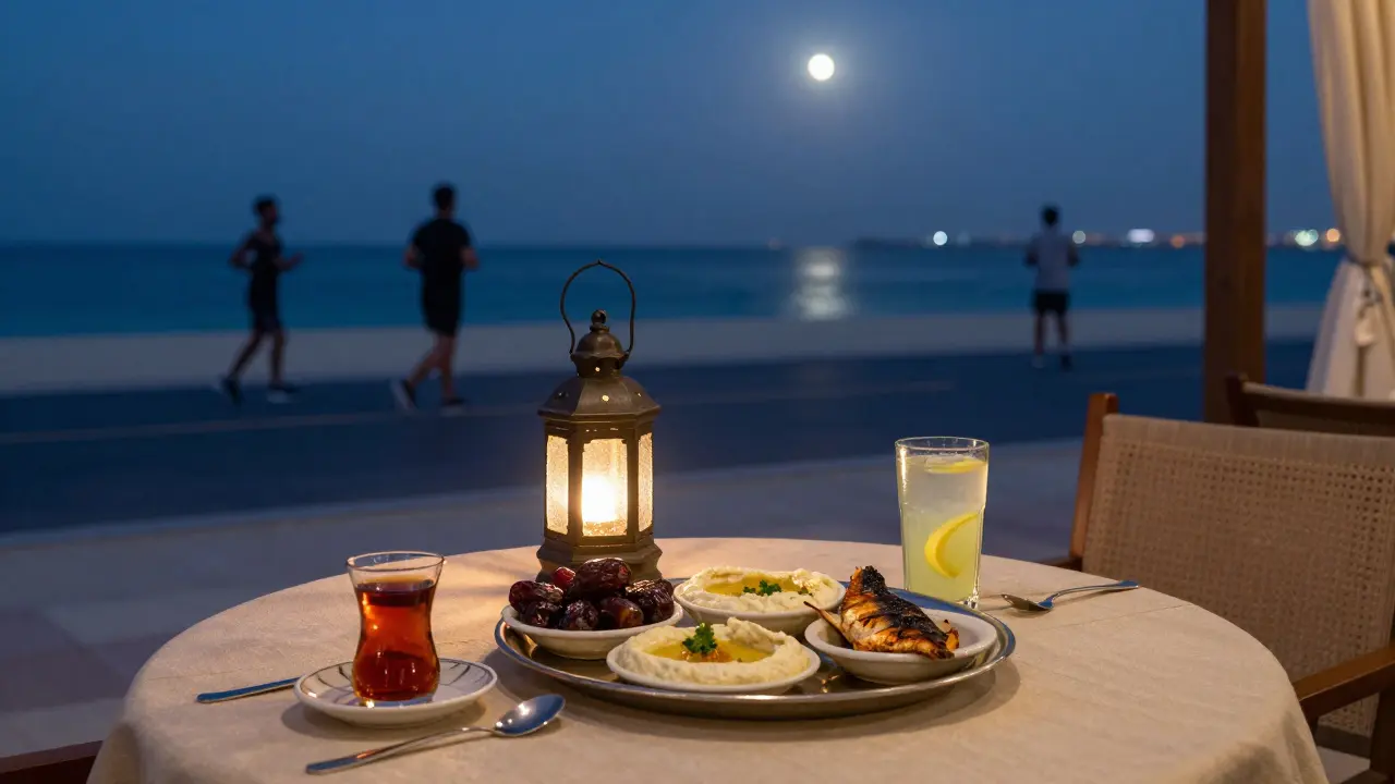 A quiet Emirati mezze platter at 3 a.m. in JBR, with tea and moonlight reflecting on the beach outside.