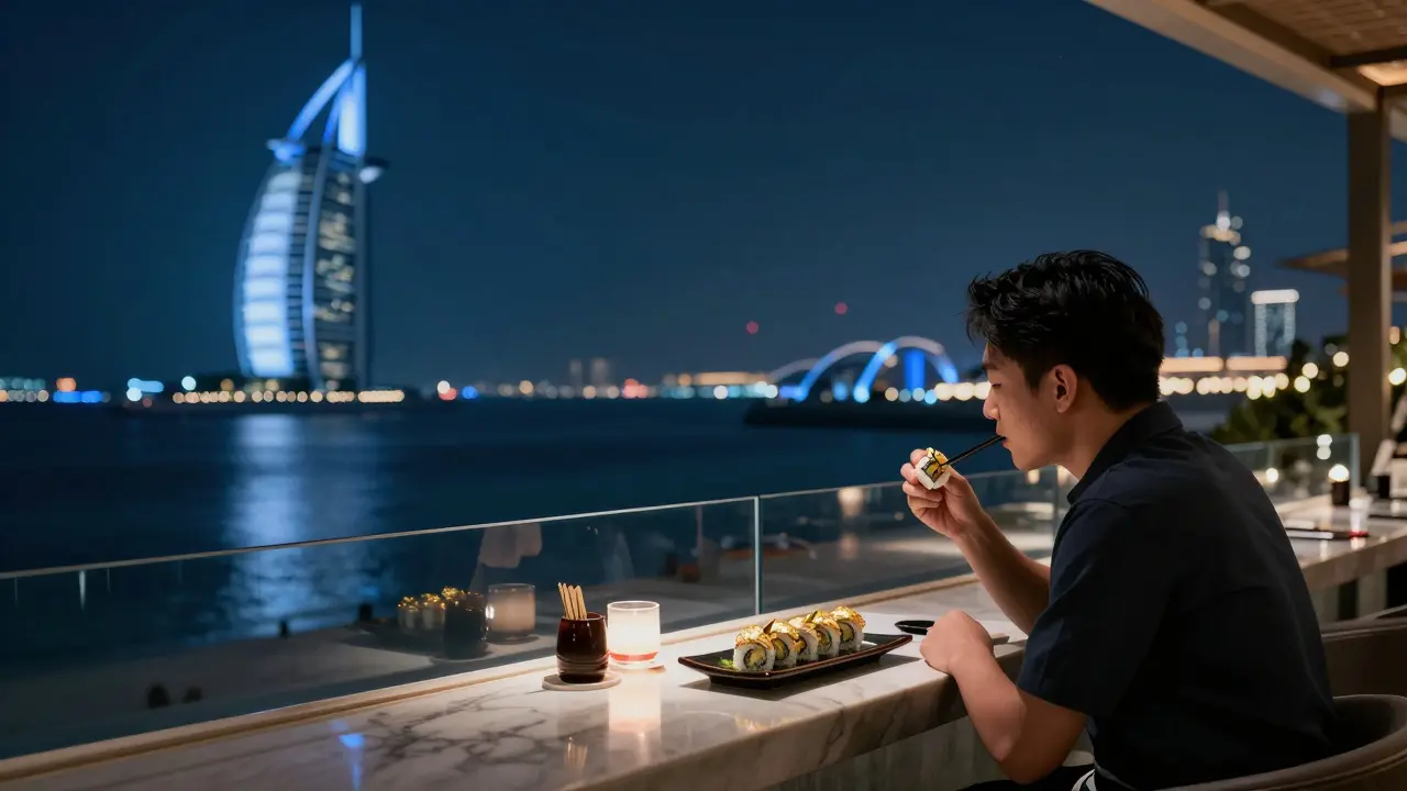 A quiet rooftop sushi diner at midnight with the Ain Dubai wheel glowing in the distance over Dubai's water.