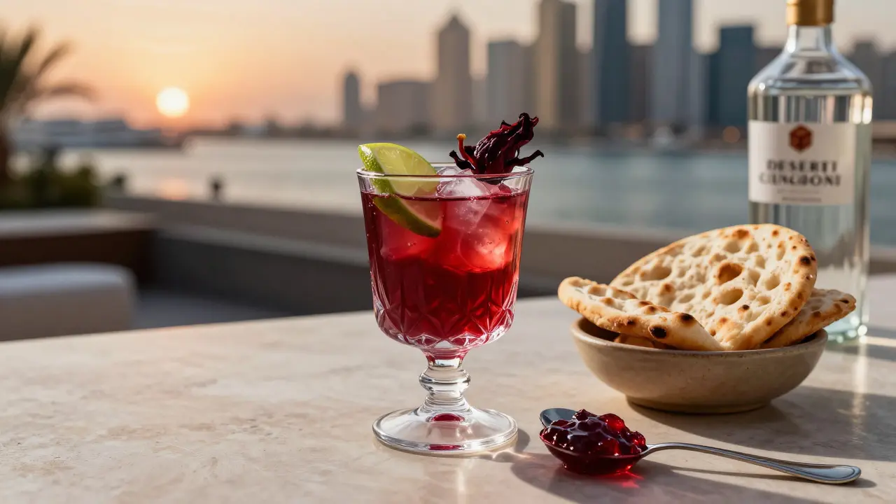 A rich ruby cocktail with hibiscus and date syrup served beside khubz bread and rosewater jam, overlooking Dubai Marina at twilight.