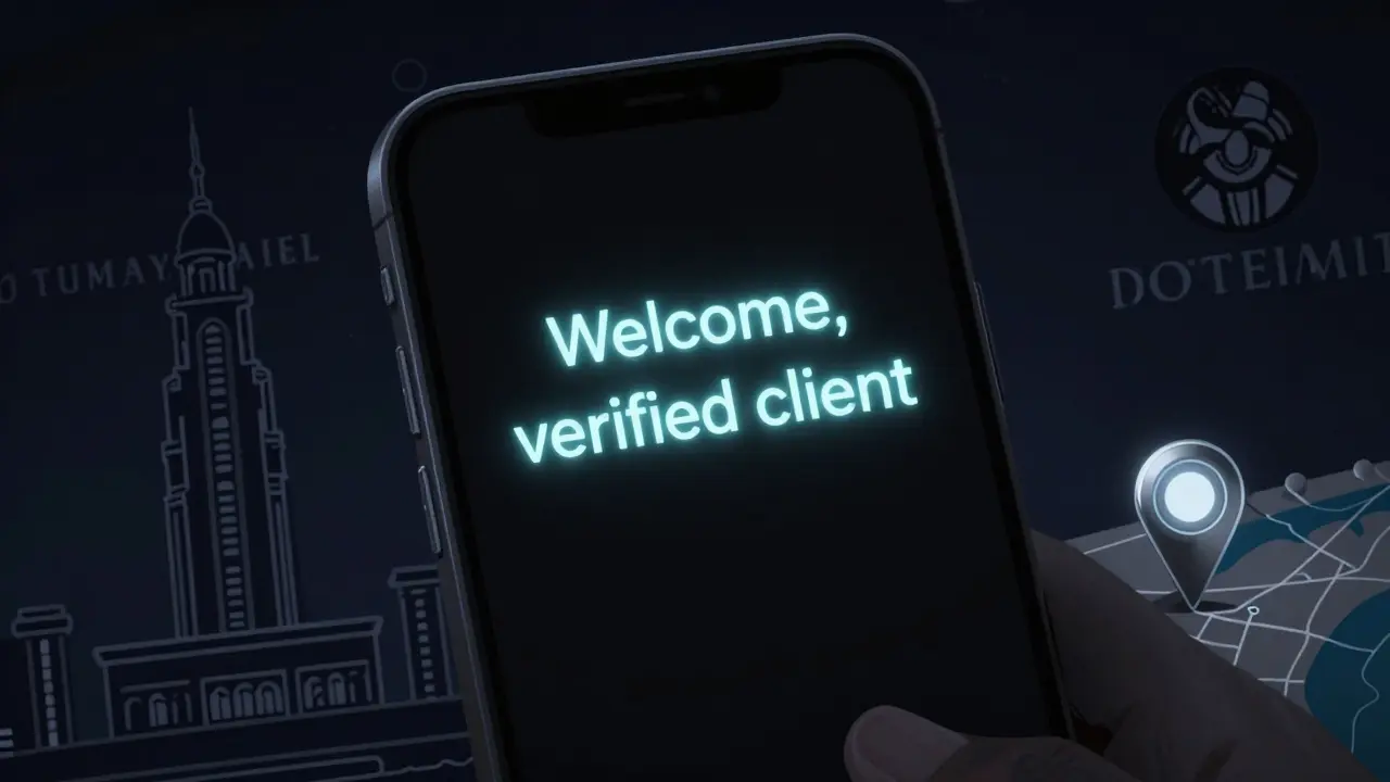 A smartphone displaying an encrypted welcome message for a verified client in Dubai.