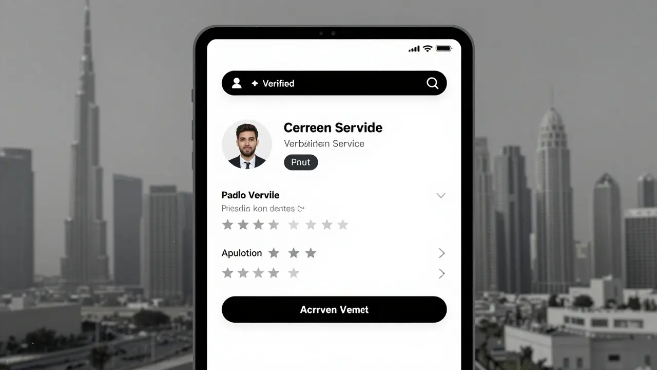 A verified companion service profile on a tablet showing ID verification, reviews, and booking details in Dubai.