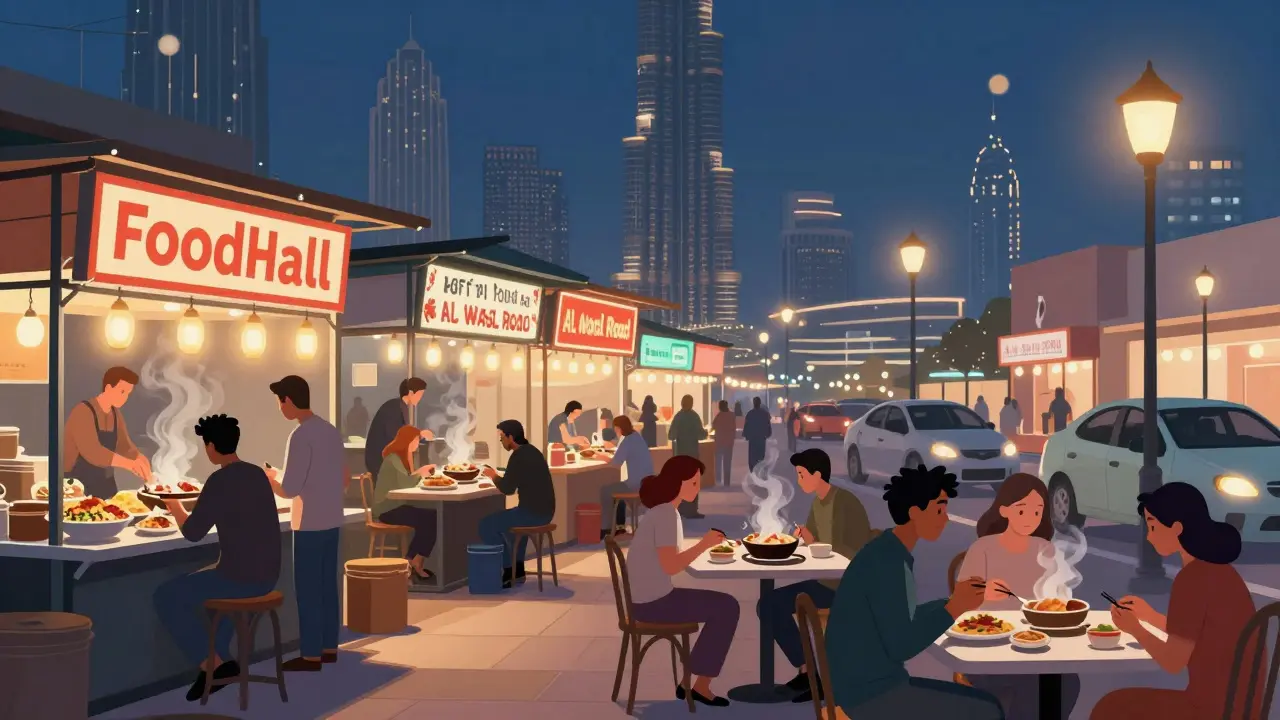 A vibrant 3 a.m. food hall in Dubai with international street food stalls and night workers dining under neon lights.