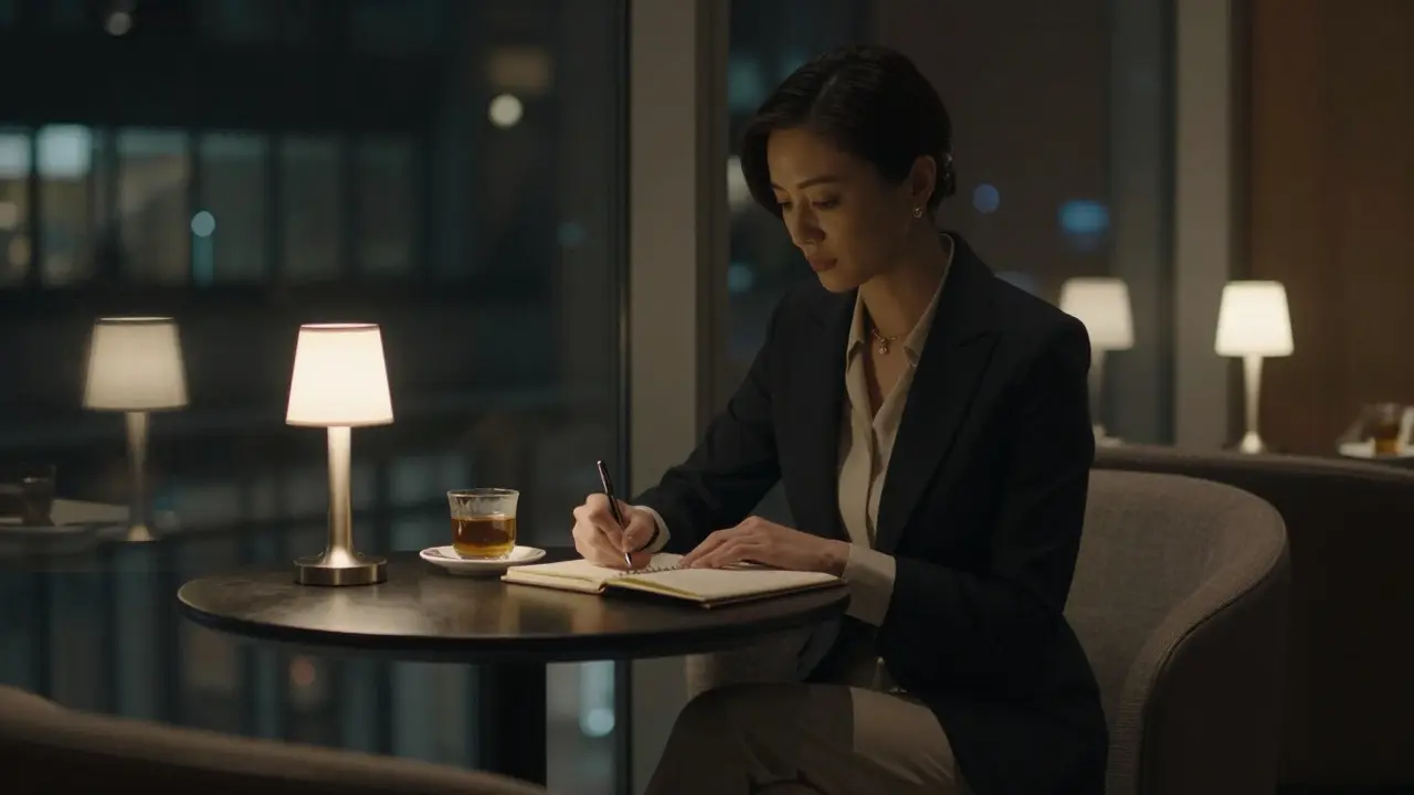 A woman in a lobby lounge at The Address Downtown, softly lit, reading in quiet solitude.