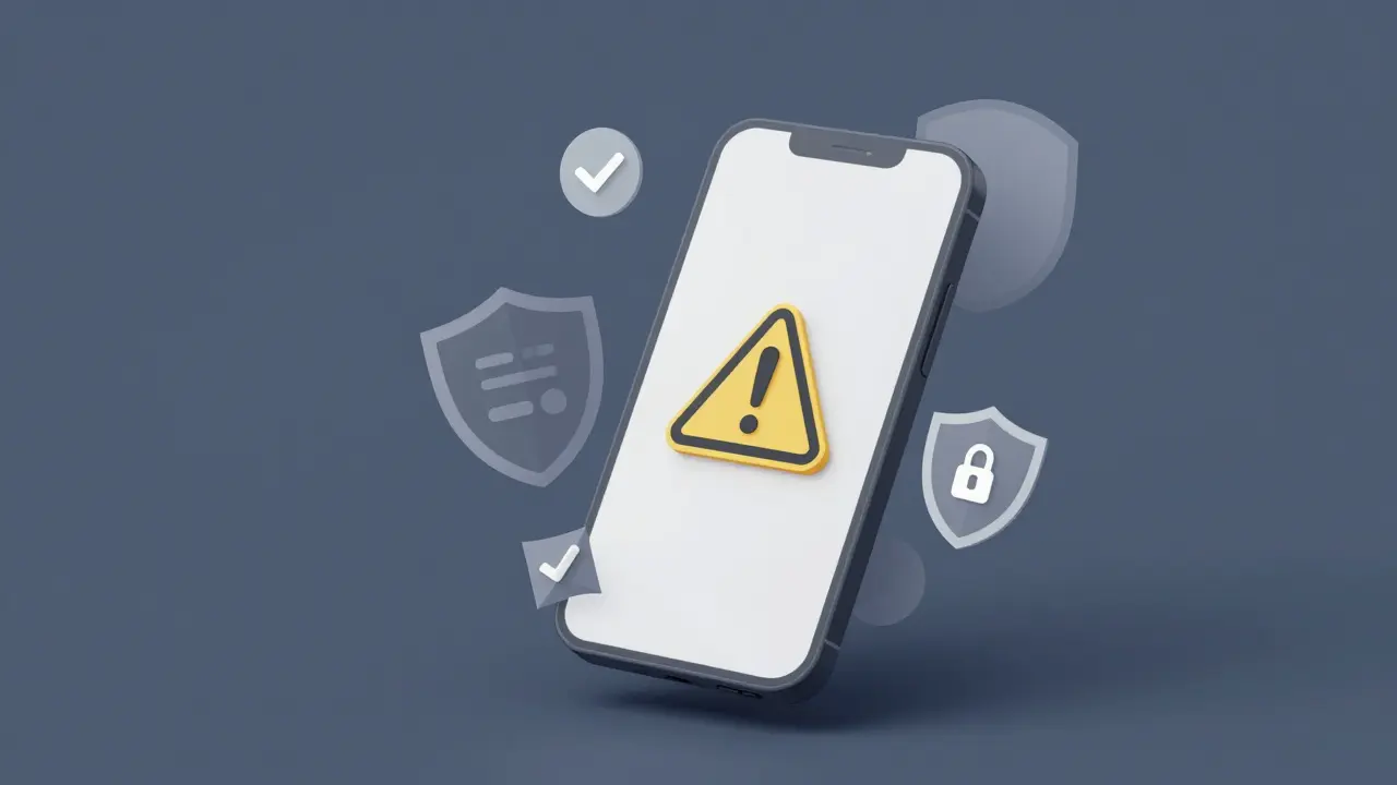 Abstract illustration showing smartphone with security shields and warning symbols for online safety