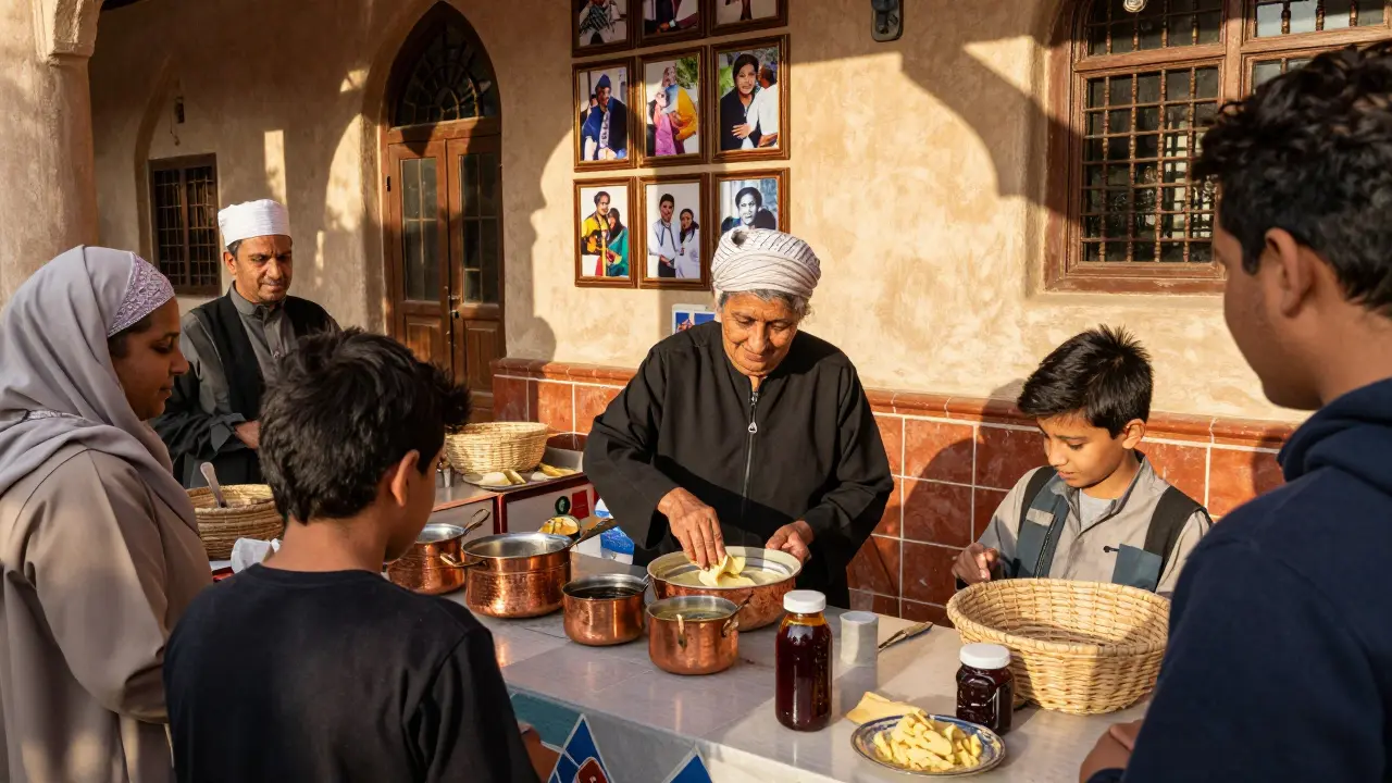 An Emirati grandmother teaching a small group to make chebab in a cozy, traditional kitchen setting.