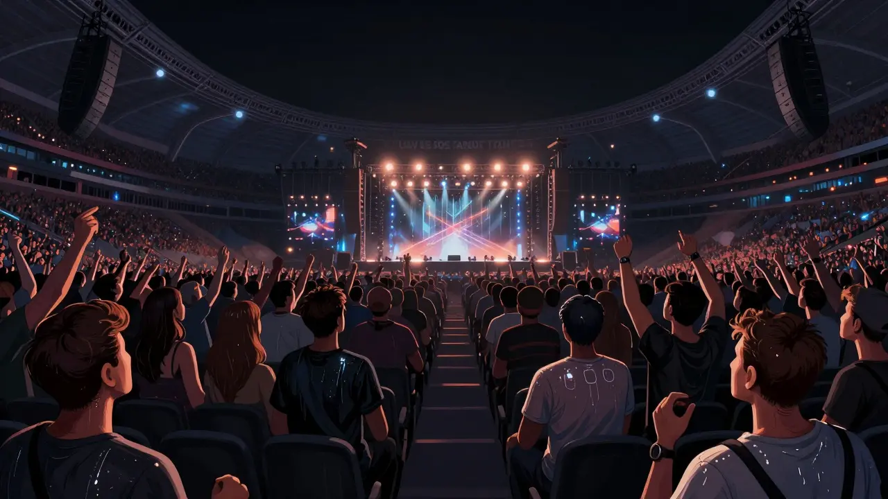 Crowd at Etihad Arena feeling bass vibrations from premium seating during an EDM performance.