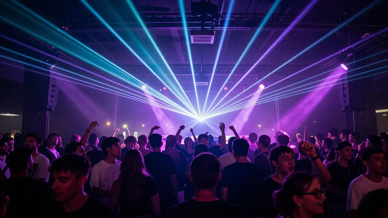 Crowd of young adults dancing under colorful laser lights and strobes inside a modern music venue.