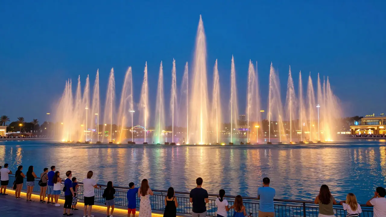Crowd watching the Dubai Fountain light show at night.