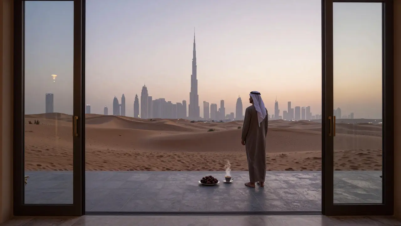 Dawn at a desert terrace outside a luxury club, empty stone surface with coffee and dates as city glows faintly in background.