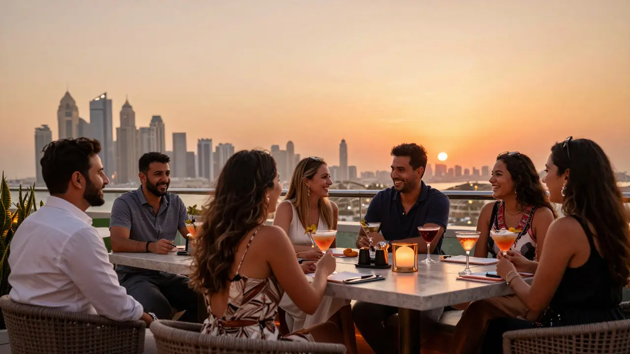 Diverse guests enjoying cocktails at a luxurious Dubai rooftop bar at sunset, city skyline in the background.