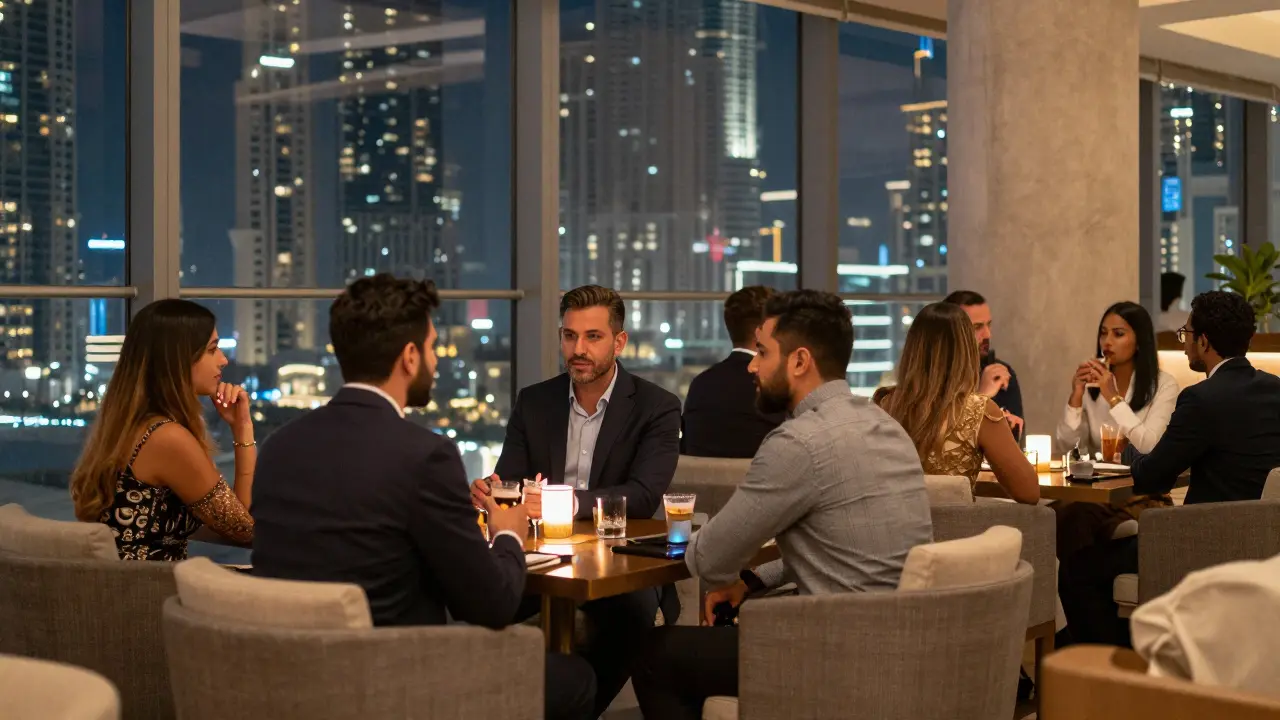 Diverse guests socializing in upscale Dubai lounge with city view through large windows