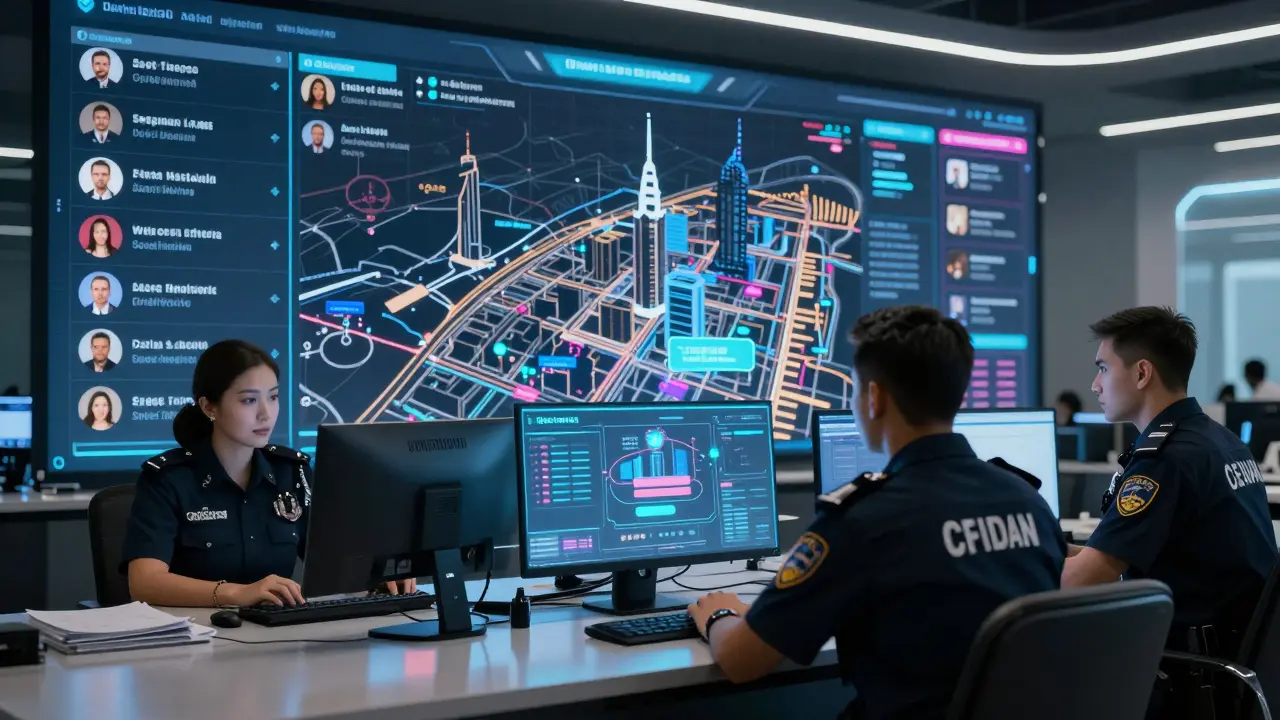 Dubai cyberpolice monitoring online activity linked to illegal escort services on multiple digital screens.