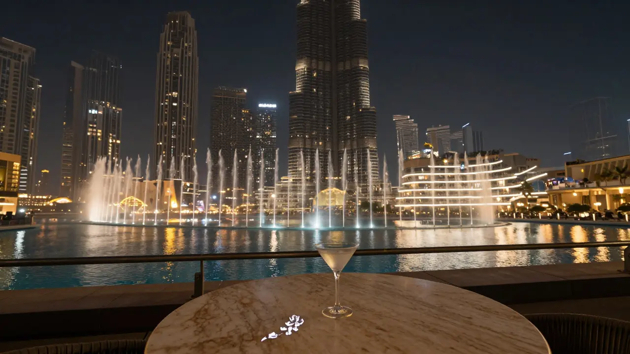 Empty terrace at night with Burj Khalifa lit up and Dubai Fountain in motion.