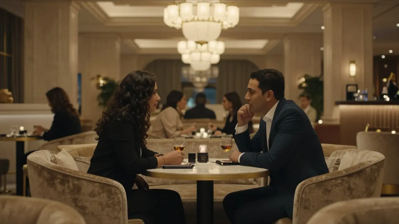 Friends conversing privately in a dimly lit luxury lounge.