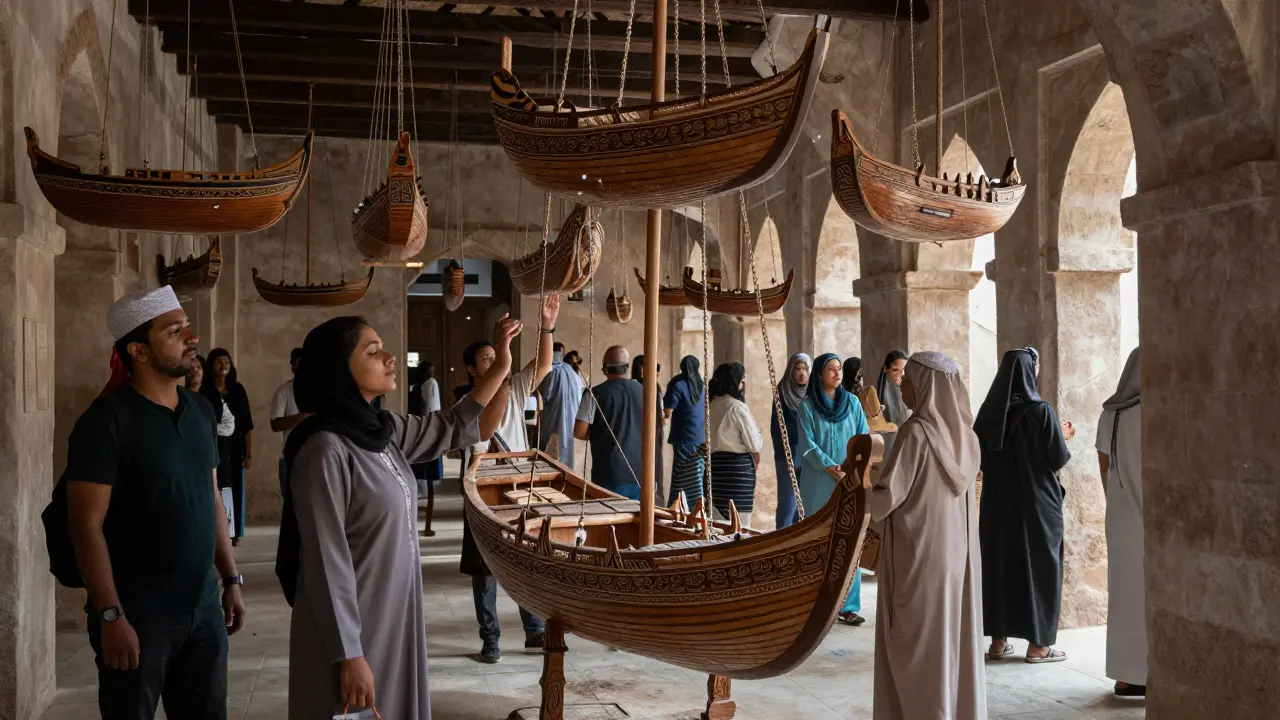 Hundreds of wooden dhows suspended in a museum, each playing a different Gulf melody as breeze flows through.