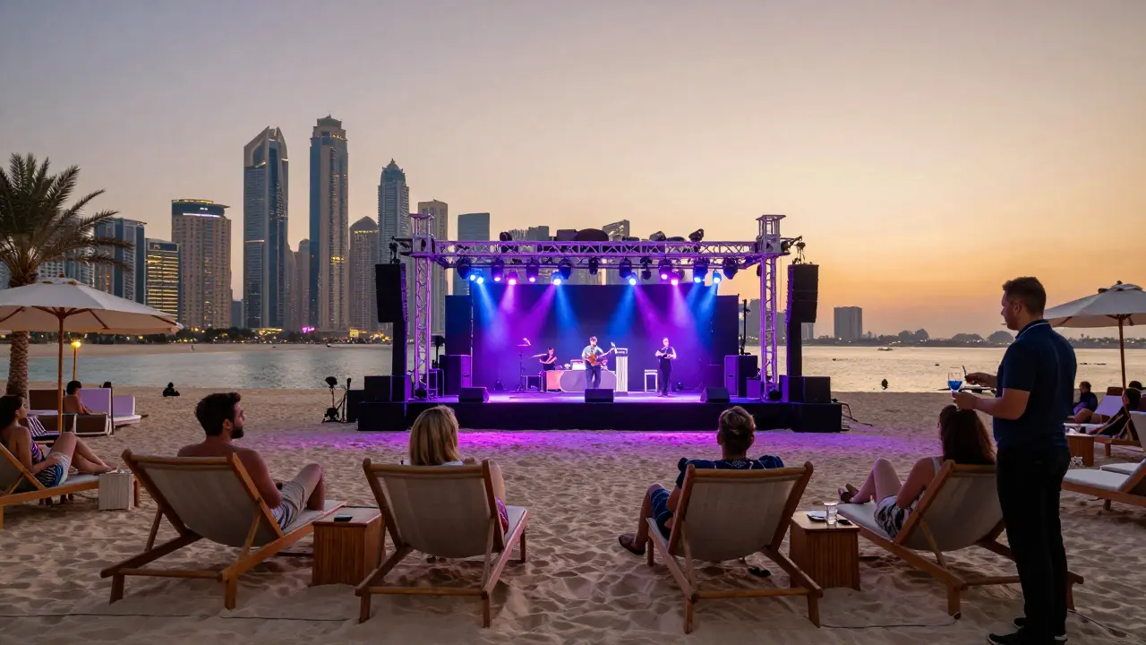 Luxury cabana at W Dubai Beach Club with guests watching a live concert under sunset lights.