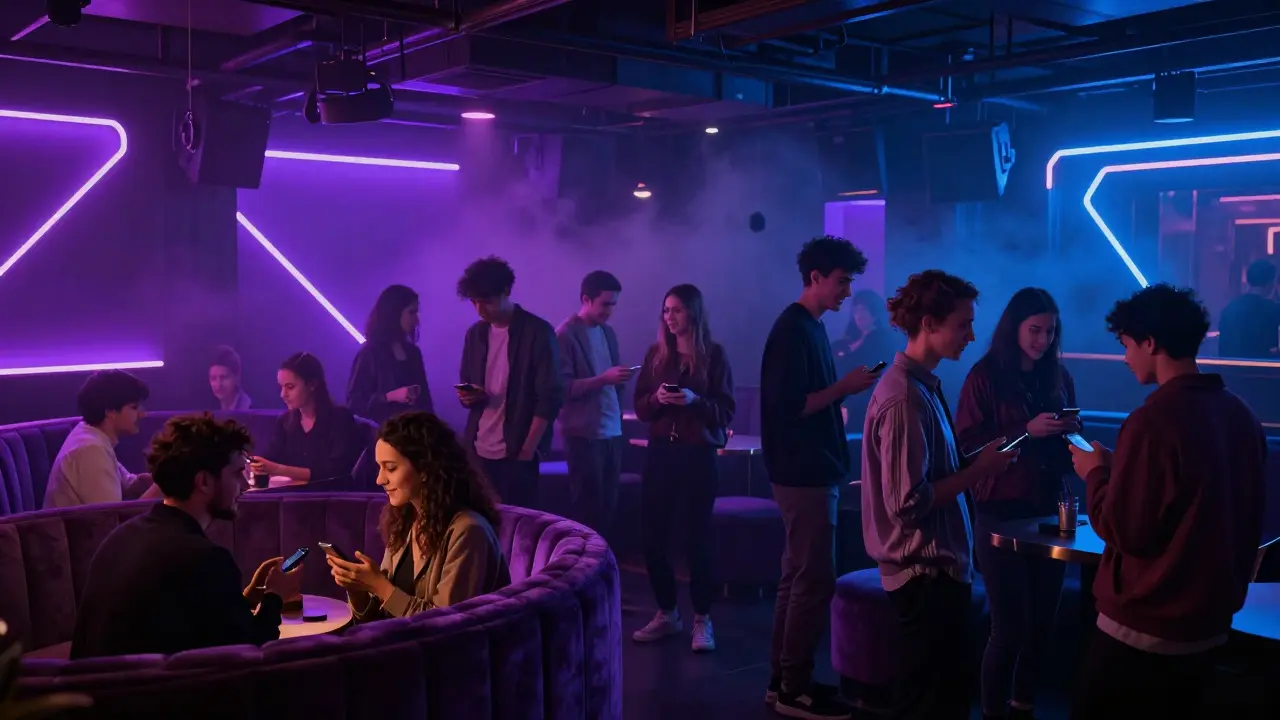 Neon lit underground nightclub with intimate seating and diverse crowd socializing.