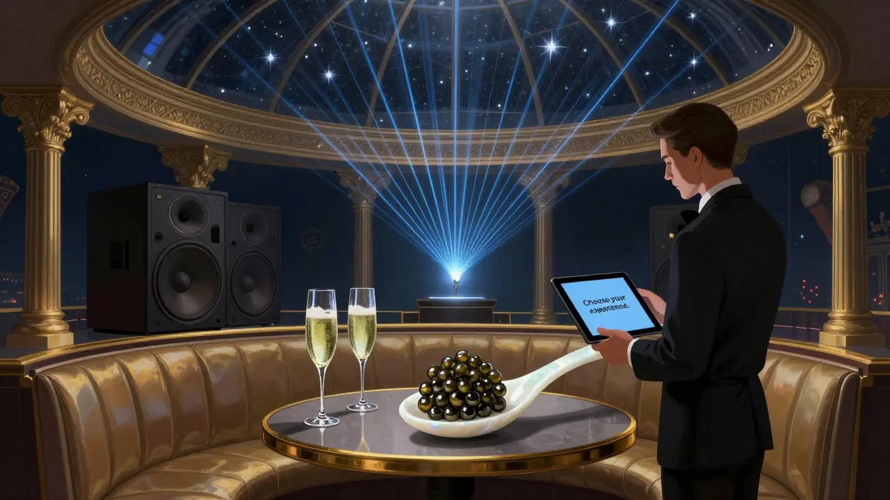 Private booth at a high-end club with a server holding a tablet, champagne, and caviar under a dynamic laser light show.