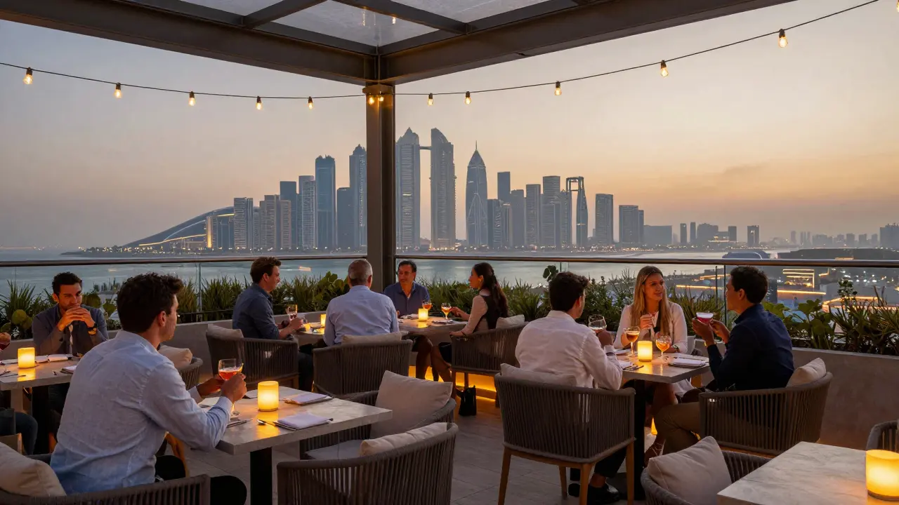 Rooftop lounge guests enjoying drinks overlooking Dubai cityscape