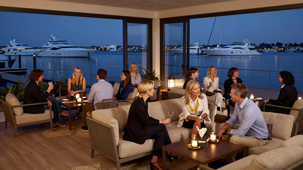Sophisticated marina lounge interior with couples chatting at low tables and soft lighting.