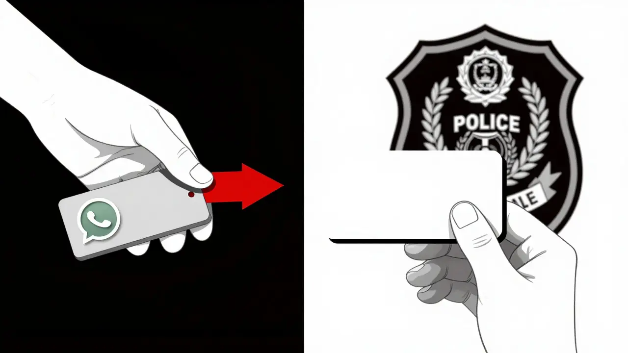 Split image: one side shows a payment sent, the other shows a police badge appearing as a warning.