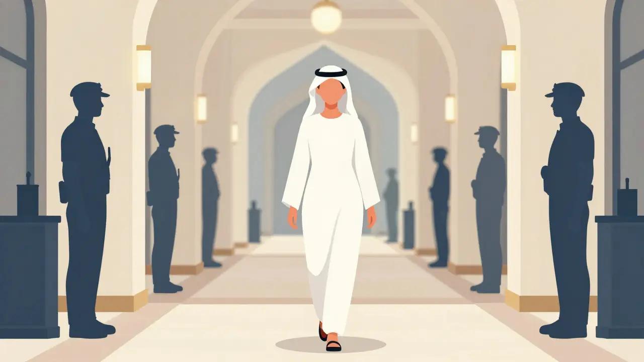Stylized illustration of a woman walking through a secure hotel hallway.
